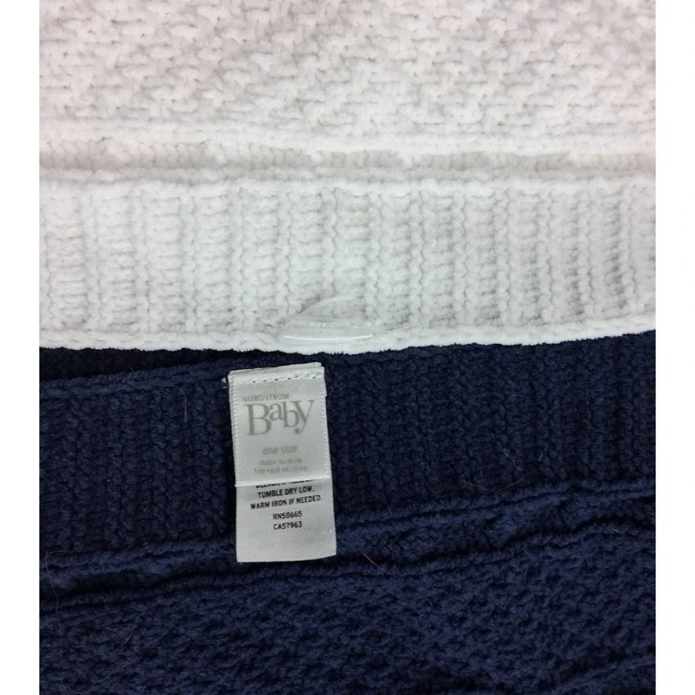 Nordstrom‎ Solid Navy Blue & White Baby Blanket Lot Cable Knit 2pc Unisex EUC
